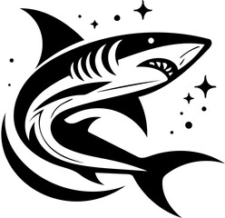 Black and white vector logo illustration of a deadly shark isolated on white background 