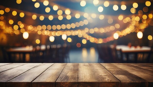 image of wooden table in front of abstract blurred restaurant lights background
