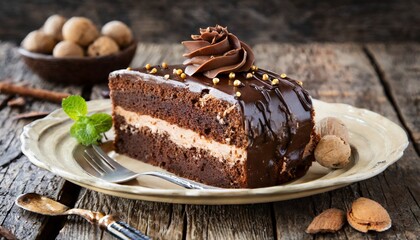 Fototapeta na wymiar chocolate cake slice on wooden table