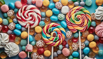colorful lollipops and different colored round candy top view