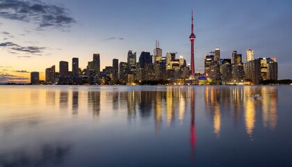 the reflection of toronto skyline at dusk in ontario canada