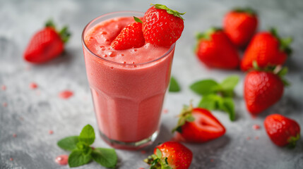 a glass of fresh strawberry smoothie with strawberry fruits on concrete floor