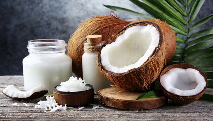 Fototapeta na wymiar coconut with jars of coconut oil and cosmetic cream