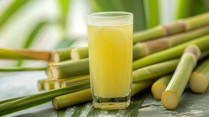 Fresh squeezed sugar cane juice with sugar cane plantation farming background