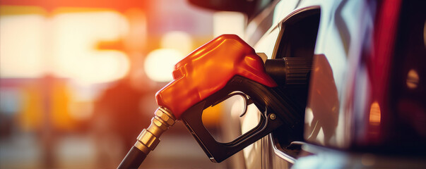Close-up photo of a car filling up with gas at a gas station, refueling
