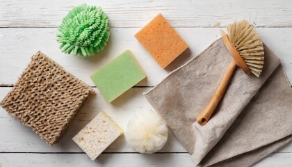 eco brushes sponges and rag on white background flat lay eco cleaning products cleaner concept