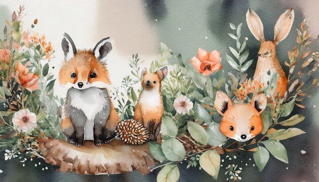 cute baby fox deer animal nursery rabbit and bear illustration for children watercolor boho forestdrawing watercolour hedgehog image perfect for nursery posters