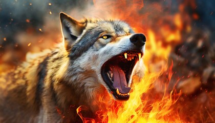 furious wolf in the fire of destruction angry furry wolf with a growl giving a death stare beast causes chaos and destruction on a fire background fictional scary character with a grin on its face