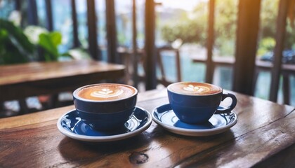 closeup image of two blue cups of hot latte coffee and americano coffee on vintage wooden table in cafe