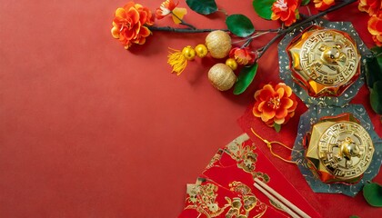 chinese new year decorations on red background view from above with copy space