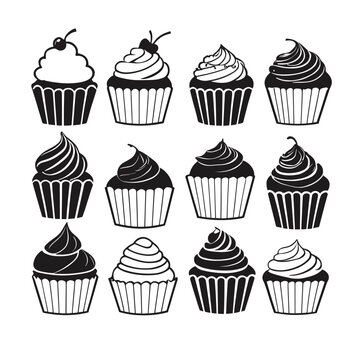 Collection of cupcake vector illustrations black and white silhouette design 