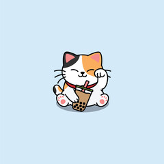 Maneki neko kawaii lucky cat with bubble tea cartoon, vector illustration
