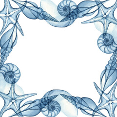 Watercolor nautical frame, blue transparent shells. Drawing on a white background for postcards, stickers, scrapbooking, posters, prints.