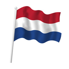 Netherlands flag on flagpole waving in wind. Netherlandish, Dutch striped flag vector isolated object illustration