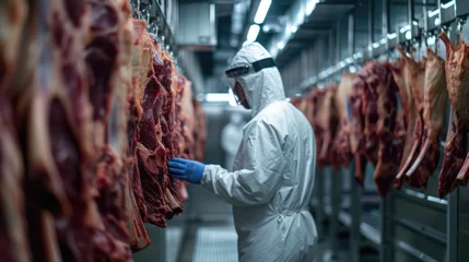 Fotobehang The butcher wearing ppe suit inspects the beef in the curing facility © EmmaStock