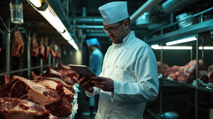 he butcher wearing white uniform inspects the beef in the curing facility