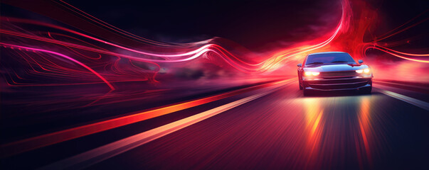 Fast beautiful car in movement with amazing neon lights background - obrazy, fototapety, plakaty