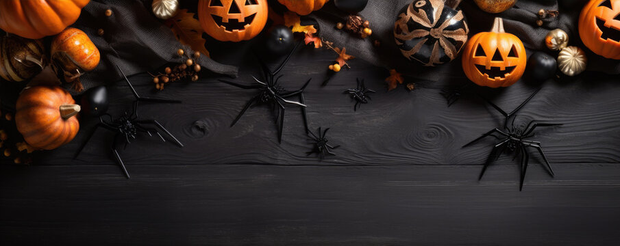 Halloween party decorations pumpkins, bats, ghosts, spiders on dark background top view. Free space for text.