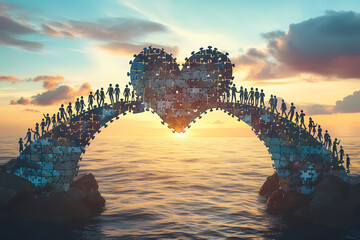 Symbolic bridge, connecting hearts and minds, global unity, puzzle pieces forming a bridge, optimistic and inclusive - obrazy, fototapety, plakaty