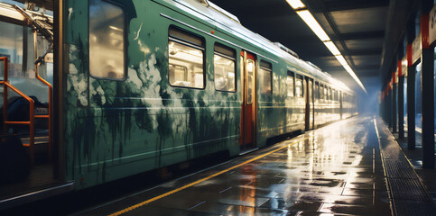 Old train inside a station, wet floor, anime illustration