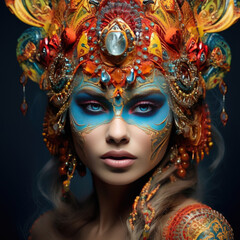 Amazing colourful make-up on beautiful young woman. Make-up for carnival or parade.
