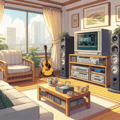 Stereo in the living room, vintage illustration scene, music, vector, no people