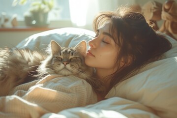 Young caucasian brunette woman and an fluffy gray cat sleep together in bed in backlight from the window, close-up. Concepts: lazy morning, comfort, home, love, care, warmth, serenity