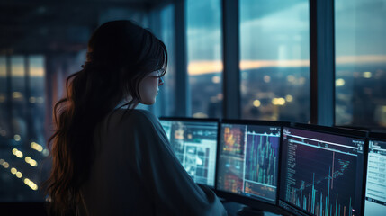 Focused female tracking data on screens against a vast window backdrop