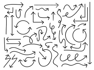 Conjunto de flechas dibujadas a mano grunge negras aisladas en blanco. Ilustración vectorial. Íconos de flechas para notas