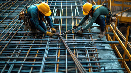 Construction workers are tying structural steel in the construction site