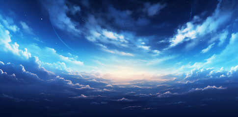 Anime scene of an open sky, with blue clouds, sunrise illustration