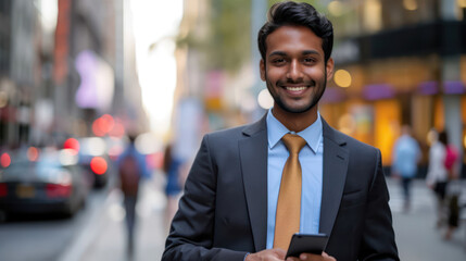 Indian businessman red headband in Manhattan using smartphone