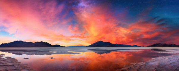 Beautiful colored clouds over the amazing mountain lake. Red and blue sky effect. © Daniela