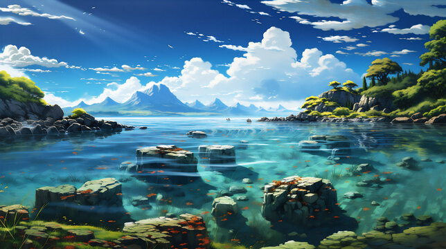 Anime background of a sea with beautiful clouds, nature, digital illustration