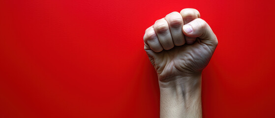 Cesar Chavez Day Background. Clenched Fist Raised in Solidarity Against Red Background.