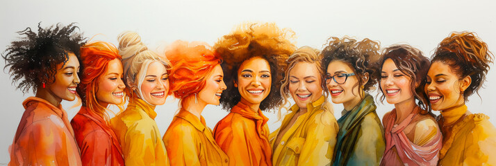 Group of happy women of different nationalities, watercolour illustration. The concept of International Women's Day, feminism. Close-up