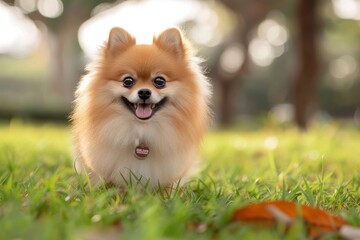 A fluffy pomeranian explores the great outdoors, standing tall in a sea of lush green grass