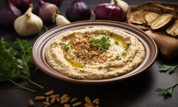 Baba Ganoush served in an earthen bowl with some finely chopped chive garnish