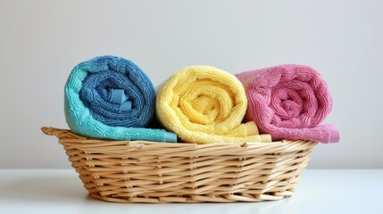Obraz na płótnie Canvas A wicker basket containing bath towels of various colors, set against a light background