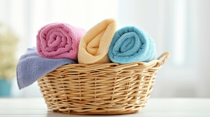 Obraz na płótnie Canvas A wicker basket containing bath towels of various colors, set against a light background