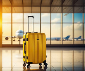 Yellow luggage in airport terminal. Travel concept. 