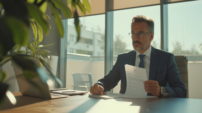 professional in business attire, sitting at an office desk, holding a resume, with an aura of competence, realistic office background