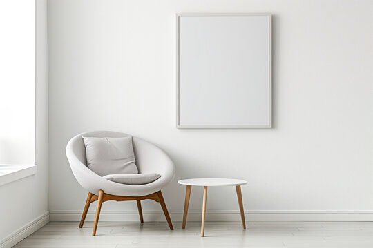 Minimalist White Room with Canvas, Armchair, and Round Table