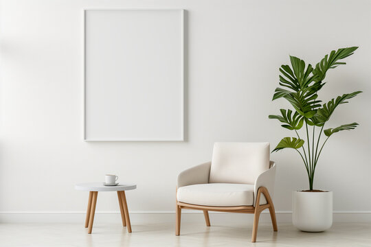 Minimalist White Room with Blank Canvas, Armchair, and Potted Plant