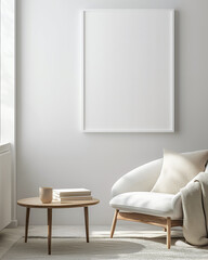 Minimalist White Room with Canvas, Armchair, Table, and Books