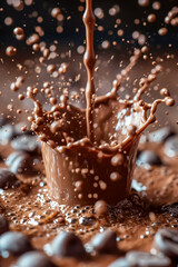 Fototapeta premium Splash of chocolate in a cup on a dark background, close-up. 