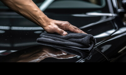A man cleaning or polish luxury car with microfiber cloth, Car clean concept.