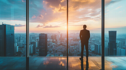 Fototapeta na wymiar executive office, standing beside a large window overlooking the city skyline, symbolizing vision and ambition, highly detailed urban view