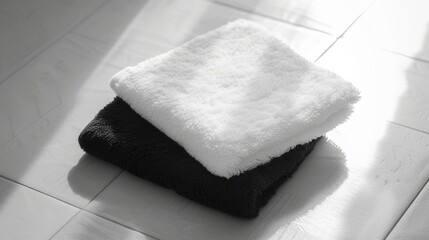 Obraz na płótnie Canvas A top view mockup of a blank black and white folded soft beach towel laid out on the floor. This clear wrapped wiper mockup features a shaggy fur bath texture, serving as a domestic cloth kitchen