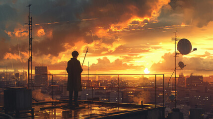 meteorologist standing on a rooftop, with a sprawling cityscape in the background, holding a weather vane, dramatic clouds gathering overhead, as the sun sets casting a golden hue over the scene, conv - obrazy, fototapety, plakaty